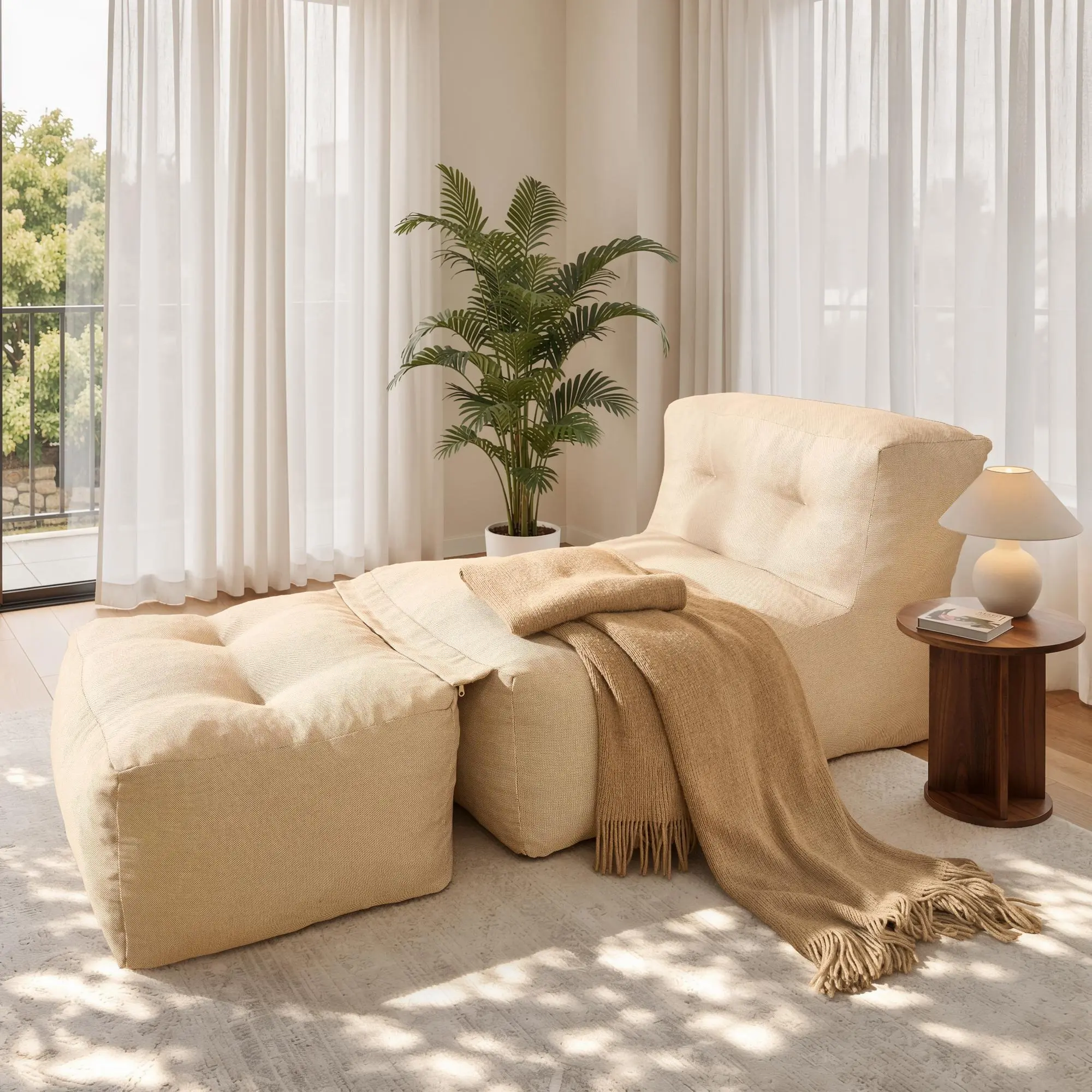 HOOOWOOO Convertible 2-in-1 Bean Bag Sofa with Ottoman, Zipper Modular Lounger Chair, Memory Foam Filled Couch for Living Room, Bedroom, Balcony & Indoor Outdoor Use