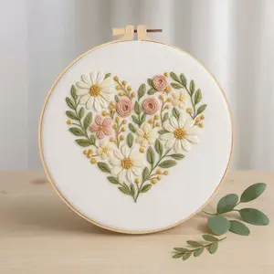 Beginner Embroidery Kit, Elegant Cross Stitch Set, Heart Flower Design, DIY Embroidery Supplies, Includes Printed Cotton Fabric, Thread, Needle, Chart, Needle Crafts Kit