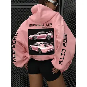 Women's Letter & Car Print Drop Shoulder Thermal Lined Hoodie, Fashion Casual Drawstring Pocket Hooded Sweatshirt for Daily Holiday Outdoor Wear, Women Clothing for Fall & Winter