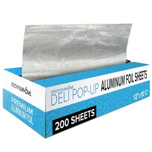 200 Count Pre-Cut Deli Aluminum Foil Sheets, 12” Heavy Duty Pop Up Foil Sheets for Restaurant, Disposable Foil Sheets for Food, Tin Foil Sheets for Burrito, Hot Dog or Sandwich, Stock Your Home