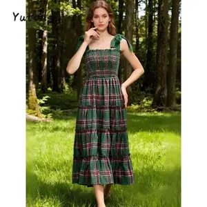 TikTokShopBlackFriday Christmas Women Sleeveless Dress Casual Plaid Print Ruffled A-Line Party Dress for Beach Club Streetwear