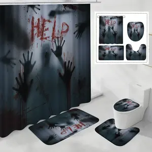Halloween-Themed Bathroom Set with Scary Ghost Hands & Screaming Figures Print - Polyester Fabric, Includes Hooks (71" x 71") - 4-Piece Set with Non-Slip Bath Mat