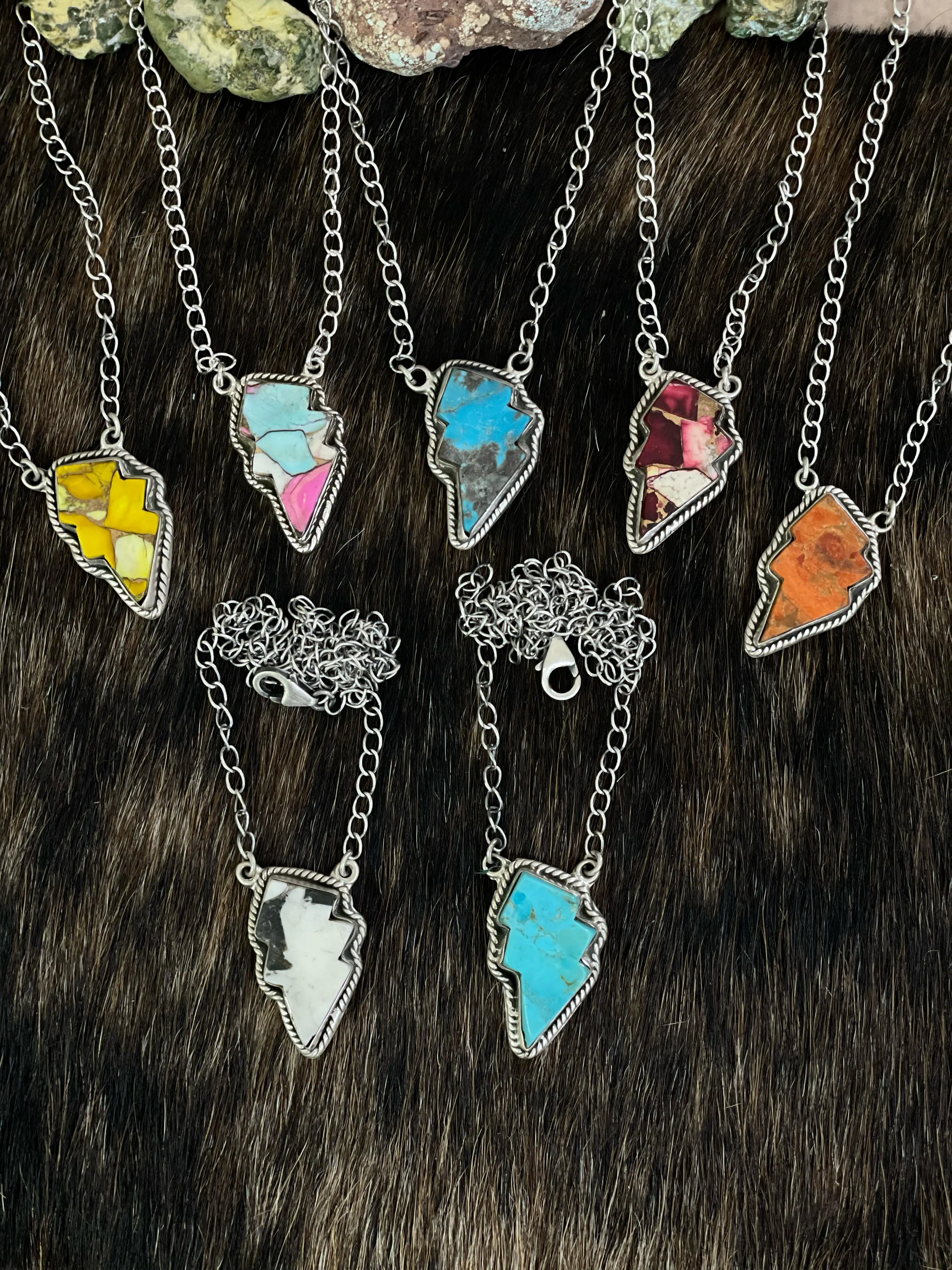 Handmade Sterling Silver Multi Gemstone Lightening Bolt Necklace with Signed Nizhoni