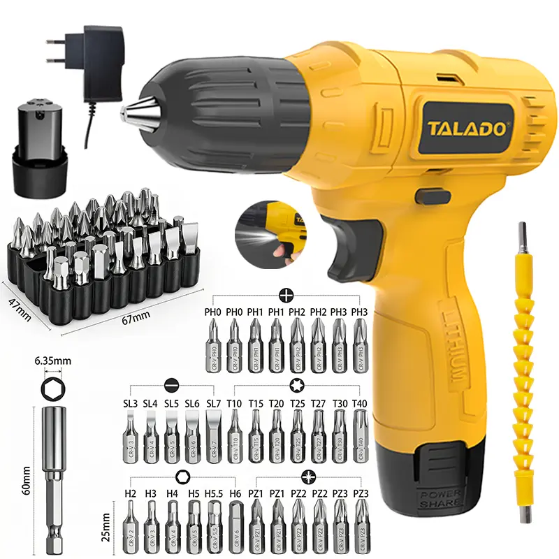 TALADO 12V Brushless Motor Cordless Drill Full Kit, 33-Pcs Electric Drill with 3/8"-Keyless Chuck, Batteries, Charger, LED Lights, Plastic Components for Multi-Materials (Wood/Metal/Plas) DIY, Home Improvement