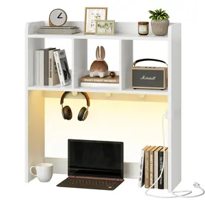 HOOBRO Desktop Bookshelf, Office Desktop Shelf, Desk Hutch with Outlets, Wooden Office Desktop Bookcase, Desktop Organizer Shelf with LED Light Strip and 3 Hooks, for Home, Study, White#springtok#SpringSale #BigSpringSale