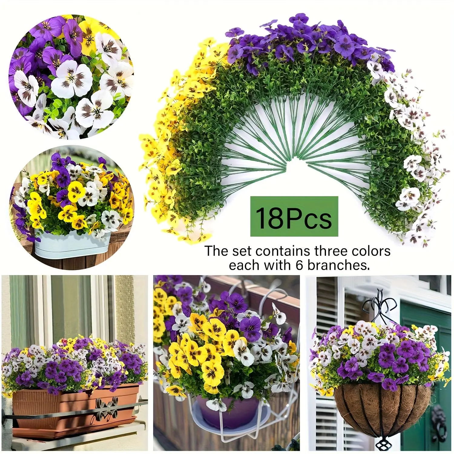 18 Bundles Artificial Tricolor Violet Flowers, Imitating UV Resistant Tricolor Violet Flowers, Suitable For Outdoor Flower Pots, Front Doors, Porches, Courtyards, Terraces, Windowsills, Office and Home Decoration