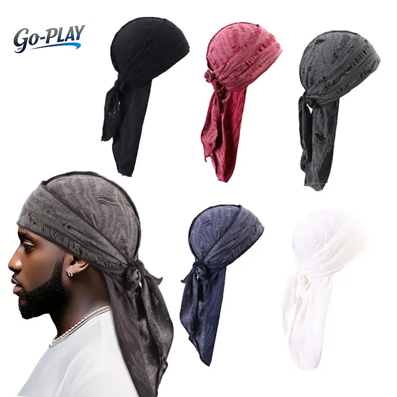 Unisex 3Pcs Retro Distressed Durag Headwrap Set - Soft Stretch Ripped Look Bandana Pirate Turban, Breathable Universal Hip Hop Street Vibe Headband for Daily Wear (Sports & Outdoor Accessories)