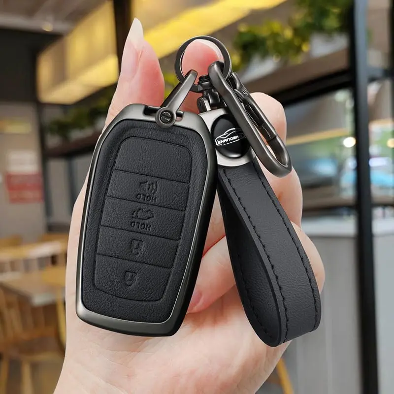 Automotive Sturdy Leather & Zinc Alloy Toyota Key Fob Case with Keychain, Car Key Protector for 2022-2025 Tundra, Sequoia, Camry, Grand Highlander, Tacoma, Sienna, Crown Vehicles, Black Remote Tint Accessory