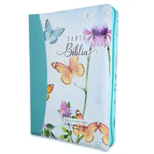 Bible in Spanish for Woman with Zipper 19 Point Super Giant Font Reina Valera 1960 Imitation Leather Two Tone Floral Turquoise and Butterflies with Index