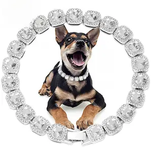 Personalized Square Diamond Encrusted Pet Collar Cuban Style Cat Dog Chain Gold Silver