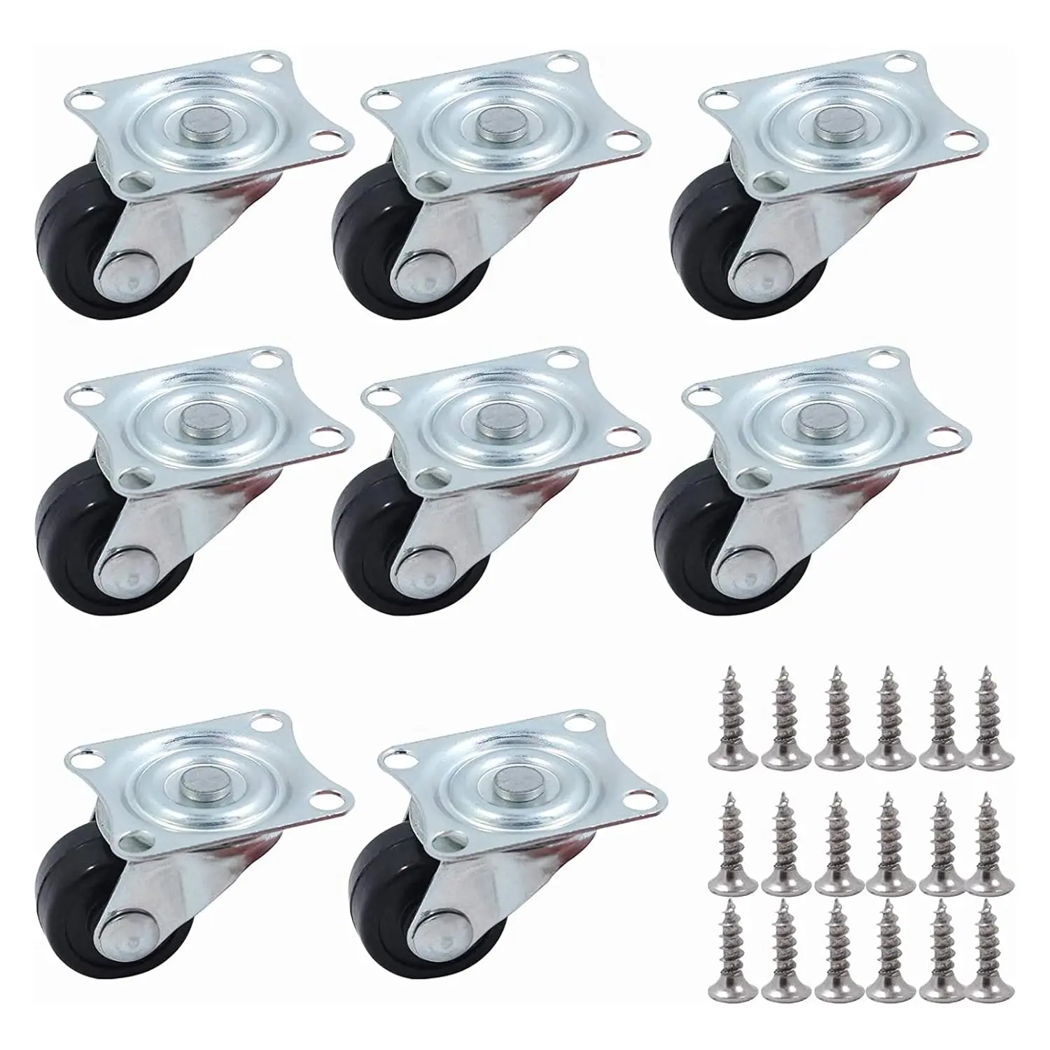 1-inch Dia Swivel Single Wheel Rubber Caster Wheels for Furniture, Small Casters Trolley Wheels with Base Ball Bearing, Conveyor Rollers 8 Pack
