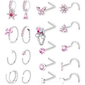 Plated  Nose Rings for Women Men Stainless Steel  Nose   20G L Shaped Corkscrew Nose Rings Hoops Heart Butterfly Flower CZ Nose Studs