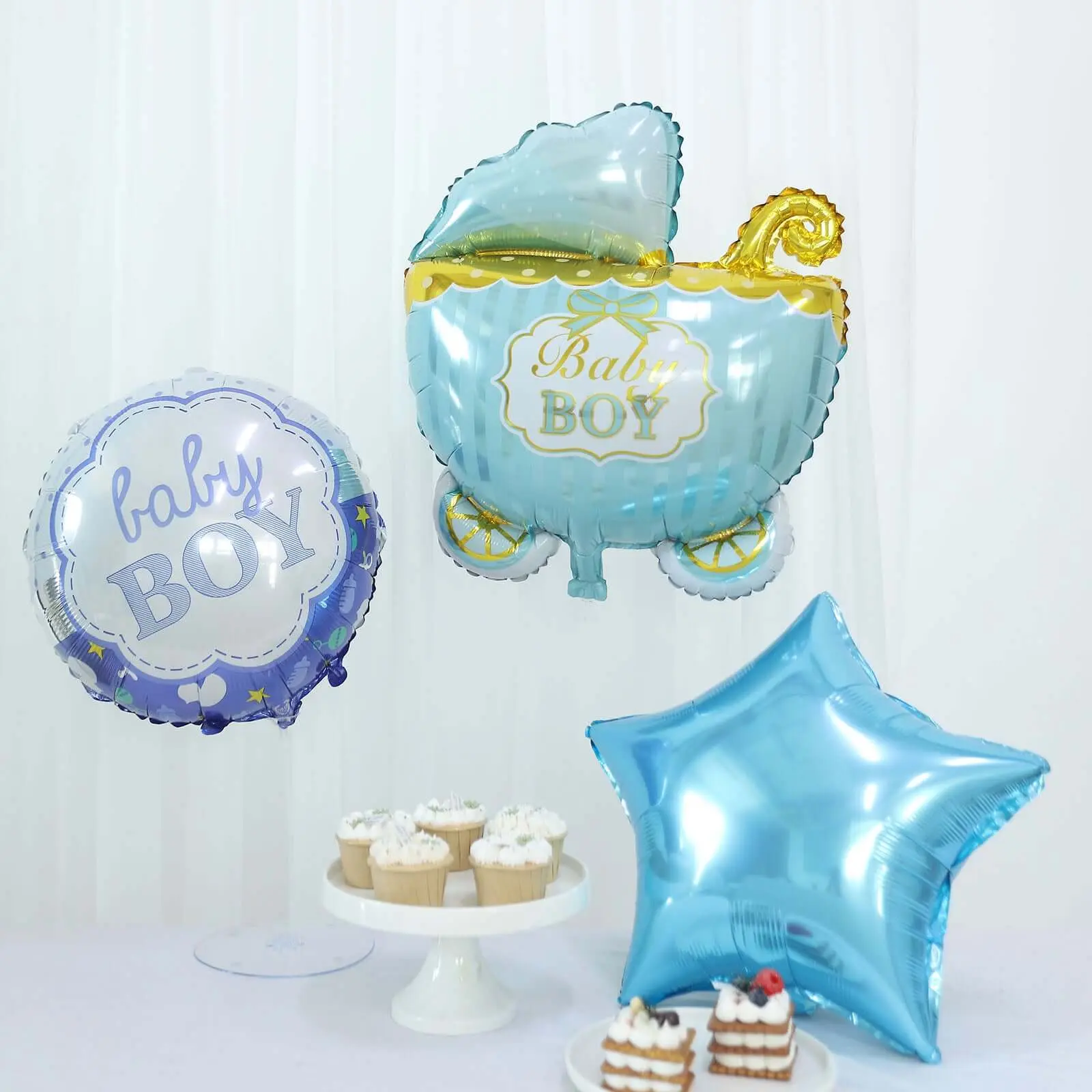 5-Piece Blue White Boy Balloon Decorations Kit, Mylar Foil Star-Round-Baby Carriage Bouquet With Ribbon for Baby Shower, Gender Reveal Party Supplies