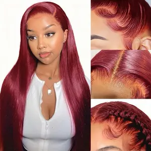 Yonova 99J Burgundy Lace Front Wigs Human Hair 13x6 HD Transparent Straight 10A Grade Unprocessed Brazilian Virgin 250% Density 20-30 Inches Soft Natural for Women
