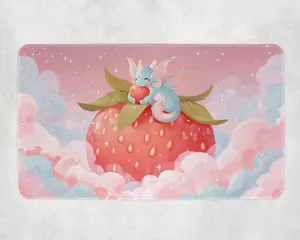 Kawaii Baby Dragon MTG Playmat - Cute Pastel Blue Dragon Hugging Strawberry on Fluffy Cloud Mat for Magic the Gathering EDH Playmat Gift