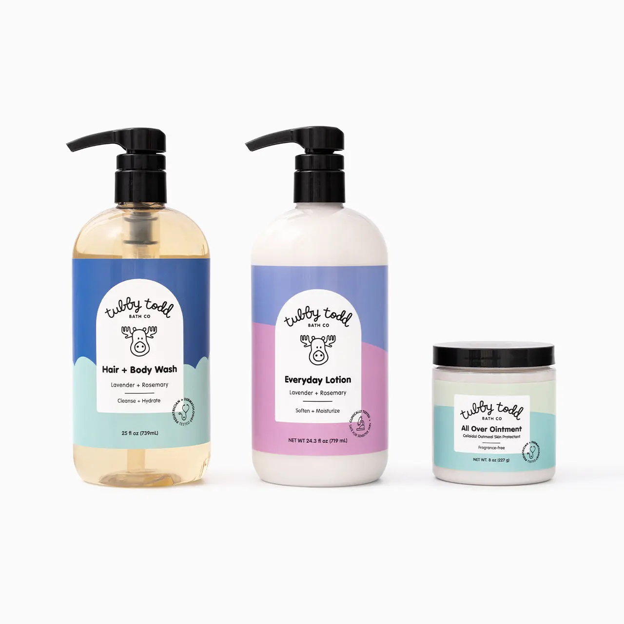 Tubby Todd 3-Step Routine for Sensitive Skin - Includes Hair + Body Wash, Everyday Lotion, All Over Ointment Eczema Treatment Body Hygiene Kit Body Gift Set