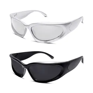 2pcs Y2K Futuristic Sunglasses, Wrap Around Polarized Sports Shades for Women & Men, Sci-Fi UV400 Oval Glasses, Trendy Silver Mirror Lens Fashion Eyewear