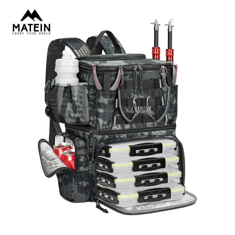 MATEIN Fishing Backpack, Saltwater Resistant 600D Nylon Tackle Bag with Rod Holder & Cooler, Includes 4 x 3600 Trays, Fishing Gifts for Men, Boyfriends, Father Day Summer Sale, Ice Fishing