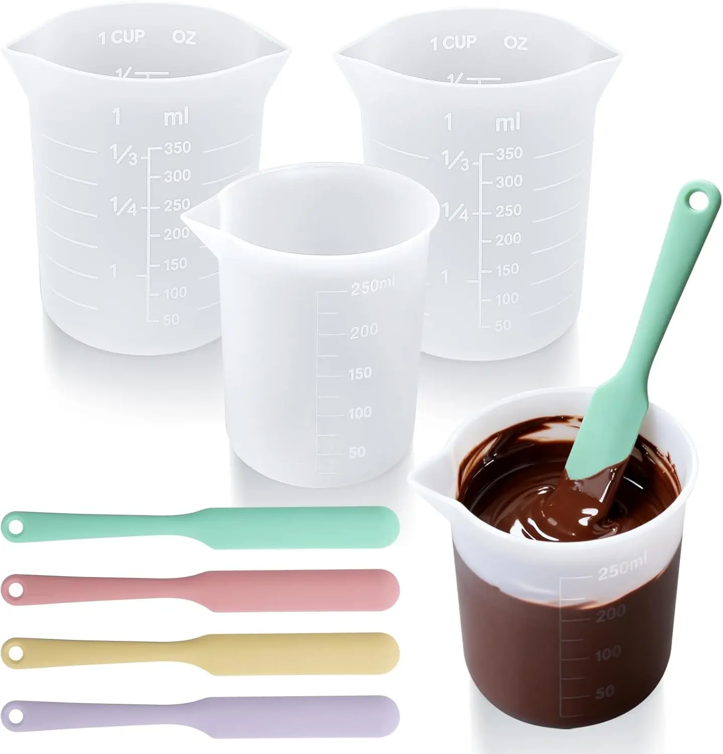 Silicone Chocolate Melting Cup Set with 4 Silicone Measuring Cups (250ml & 350ml) and 4PCS Heat-Resistant Jar Spatulas, Non-Stick Baking Tools for DIY Chocolate, Butter & Cream Mixing