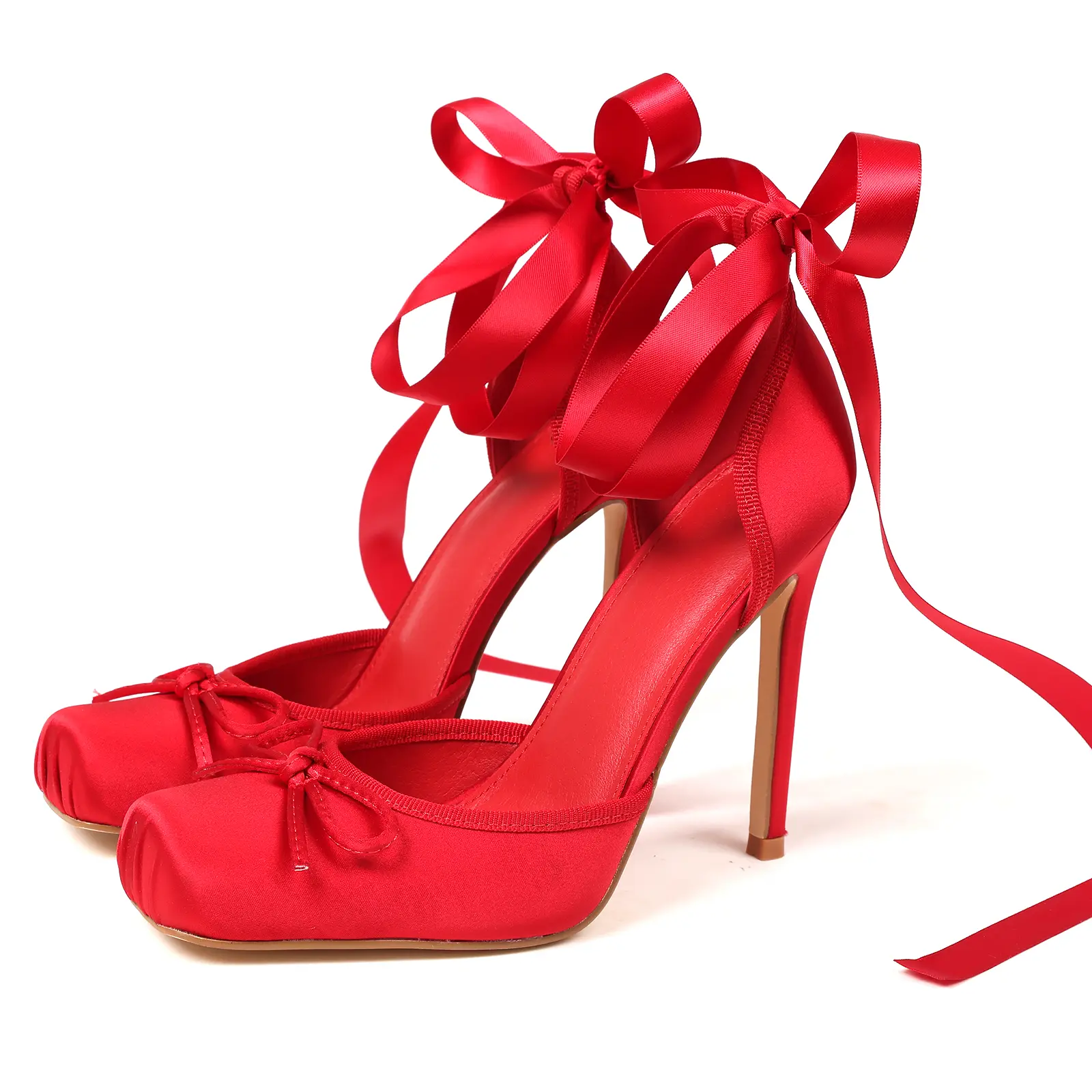 Ballet High Heels For Women Satin Square Toe Stiletto Heel Ribbon Ankle Wrap Bow Slingback Pumps Elegant Comfy Lightweight Balletcore Coquette Wedding Party Cosplay Outing Prom Dress Dance Summer Modern Mary Janes Heels Summerwins