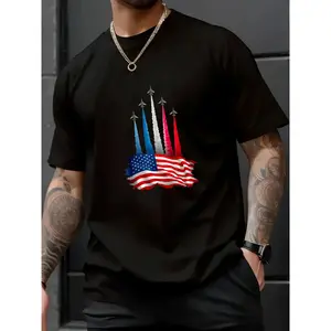 100% Cotton Unisex Independence Day American Flag Jet Planes Red/White/Blue Printed Short-Sleeve T-Shirt