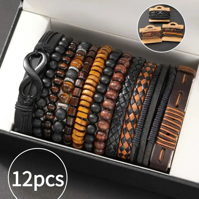 12Pcs Vintage Men's Leather Bead Bracelet Set, Tiger Eye & Moonstone, Bohemian Braided Stackable Bracelets, Casual Party Daily Fashion Jewelry