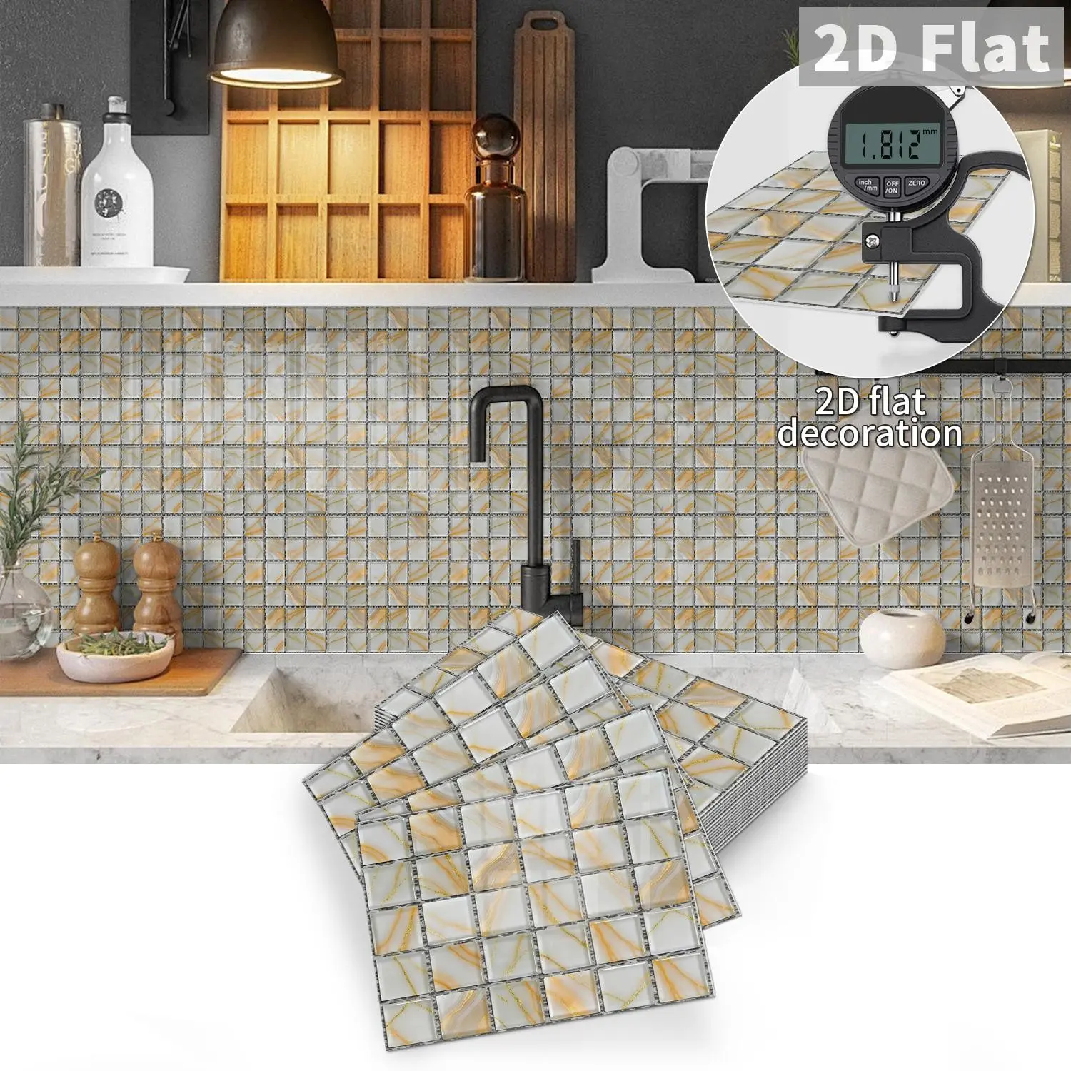 10 PCS/Box Yellow Grey Marble Mosaic Tile Stickers | PE Crystal Foam Peel and Stick Backsplash, Waterproof Oil-Proof Anti-Collision Wall Decor for Kitchen Bathroom