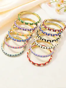 Spring Fresh Oil-Drop Floral Design Flower Geometric Pattern Vintage Cloisonné Bangle Bracelet, Women's Luxurious Simple Fashion Accessory