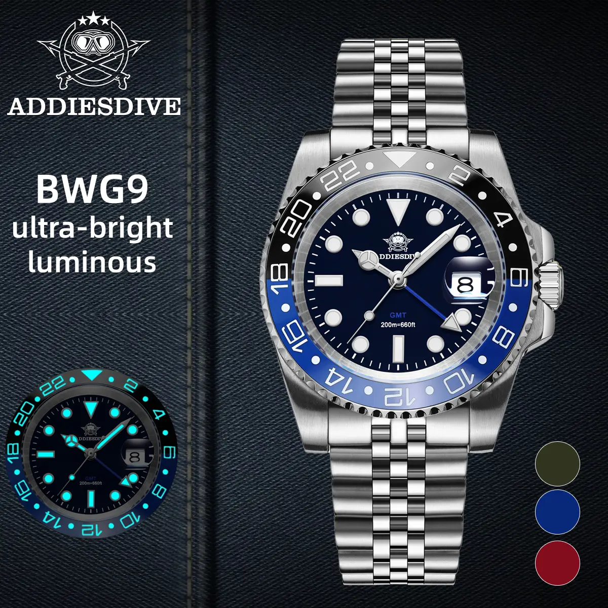 ADDIESDIVE GMT Masterpiece Watch Men's Luxury Dress Watch - 40mm Stainless Steel 200m Water Resistance Luminous Swiss Movement Casual Trendy Wristwatch