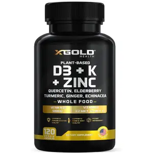 Vitamin D, K2, K1, Zinc, Quercetin, Elderberry, Turmeric, Ginger & Echinacea Whole Food Supplement 8 in 1- D3 5000 IU Plant-Based from Lichen, Vitamin K (K2 MK7, MK4, K1), D3 K2 Vitamins -120 Capsules