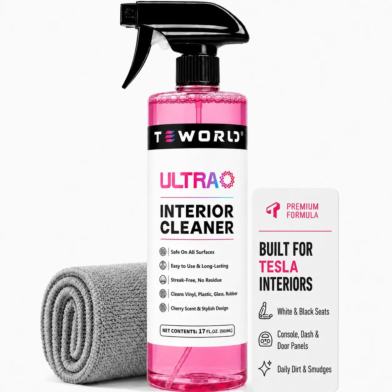 Teworld Tesla Interior Cleaner spray kit Safe for White and Black Vegan Leather Seat, pH Balanced Formula with Microfiber Cloth,Tesla Seats and Console & dashboard leather cleaner,Compatible with Tesla Model 3/Y/S/X, Tesla Accessories