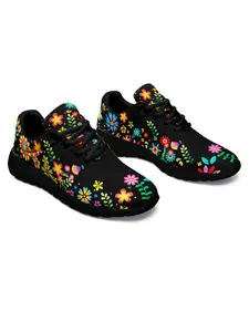 Unisex Mexico Floral Print Lace-Up Low Top Sneakers, Casual Comfortable Breathable Sports Running Shoes, Fashionable Sneakers for Women & Men, Casual Running Footwear