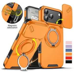For iPhone 17 16 Pro Max 15 14 13 12 11 Hard Plastic Shell Phone Case, Compatible with MagSafe Accessories, with Phone Ring Grip Holder Kickstand/Slide Camera Cover, Sturdy Shockproof Cover 360 Rotating Stand
