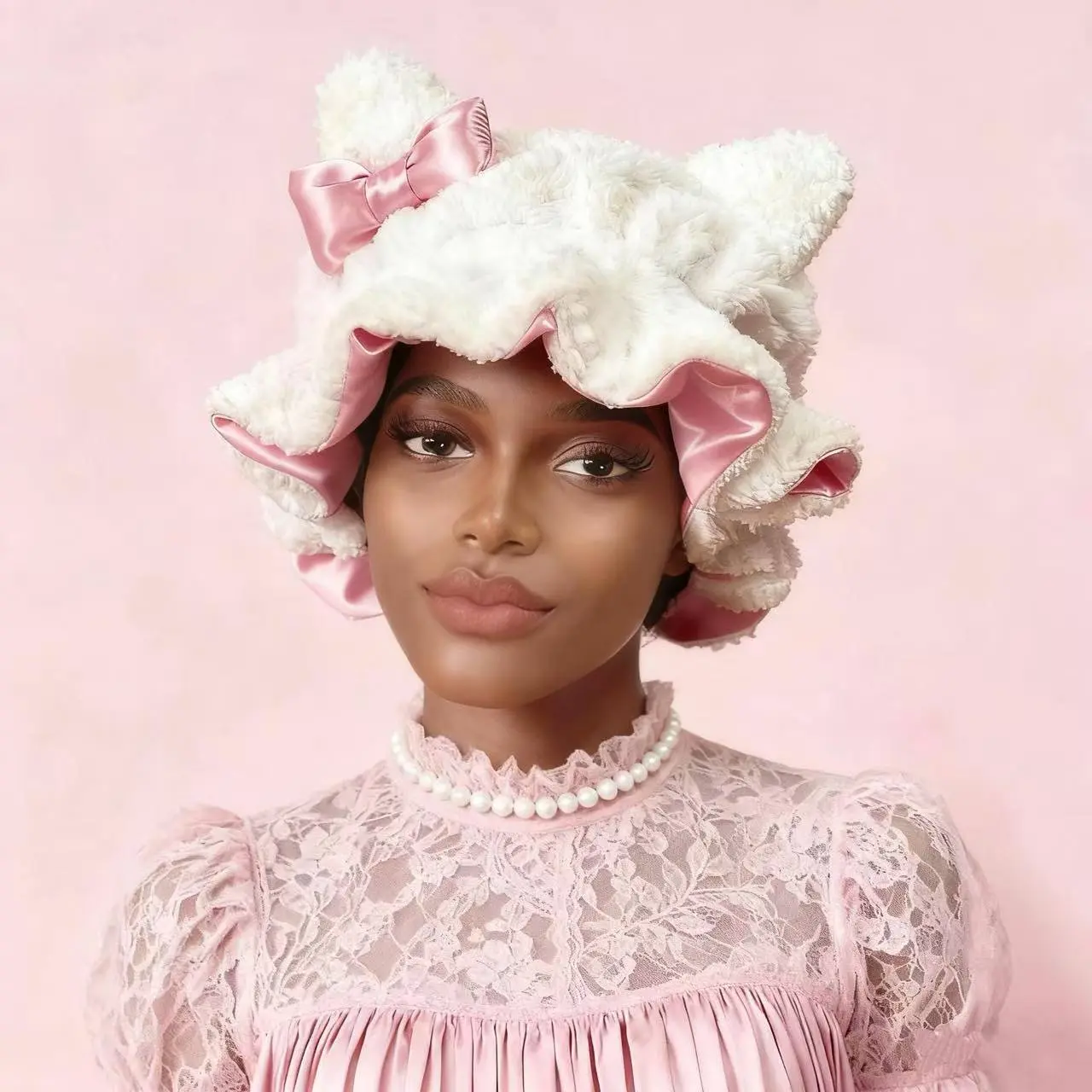 White Plush Teddy Hair Hat for Women and Girls, Adjustable Double-Layered Design with Hot Pink Satin Lining for Daily Anti-Frizz Control, Bonnet Hat, Curly Hair Care, Female, Adults, Adjustable Headwear, Curly Hairstyles, Plain, Fluffy Bonnet Hats