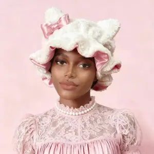 Luxury White Double-Layer Teddy Satin-Lined Bonnet No Frizz Maximum Comfort Cute Plush Design Adjustable for Curly Hair Perfect Gift for Women Girls Soft White Teddy Exterior with Vibrant Hot Pink Satin Lining