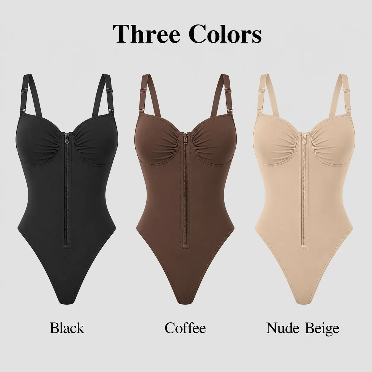 Shapewear for Women，Women’s shapewear bodysuit with zipper design, comfortable stretch fabric, thin shoulder straps, triangle cut; suitable for wearing under various outfits; multiple sizes available; women’s underwear, women’s shapewear, womenswear.