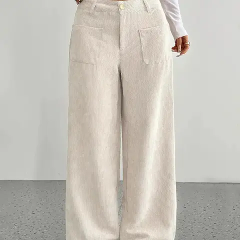 Women's High Waist Corduroy Wide Leg Pants, Loose Baggy Pants, Casual Fall Winter Long Trousers with Pockets, Ladies Fashionable Relaxed Fit Bottoms