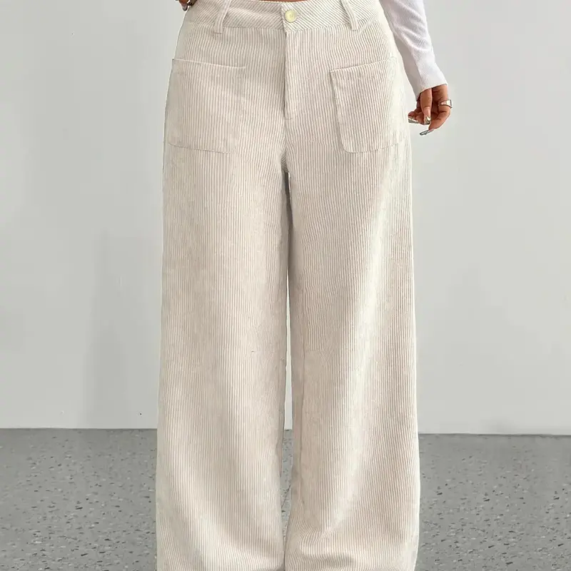 Women's High Waist Corduroy Wide Leg Pants, Loose Baggy Pants, Casual Fall Winter Long Trousers with Pockets, Ladies Fashionable Relaxed Fit Bottoms