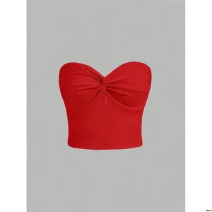 tiktokMODTwistFrontRibbedKnitTubeBodyconRedTopRedTubeTopbowToptopsRed