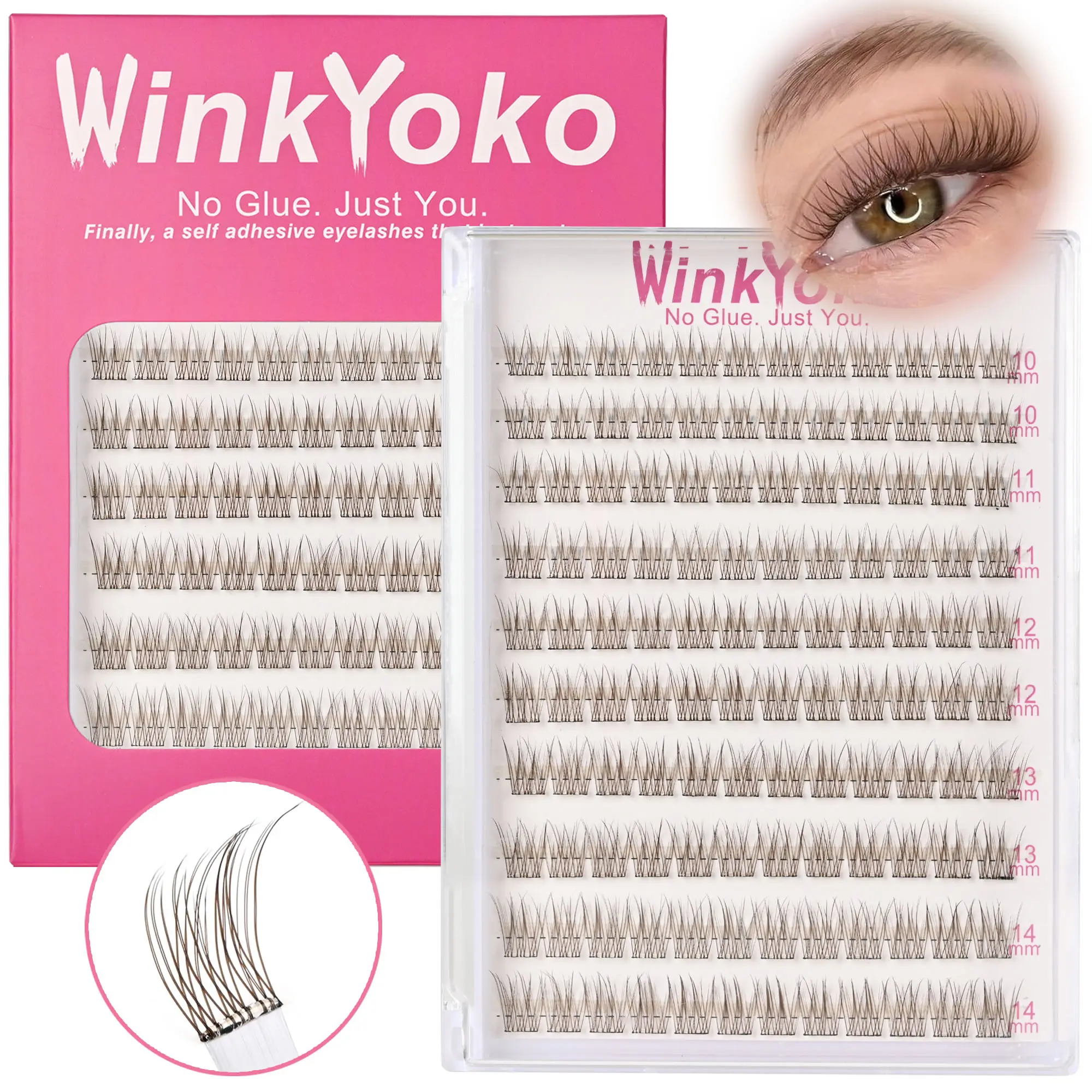 Self Adhesive Brown Natural Lash Clusters-Fishtail Styles, WinkYoko No Glue Needed Beginner Friendly Lashes, C Curl Diy Lash Extension, 10-14mm Mixed Length Individval Natural-Look Eyelash Extension, Pre-Glued Long Lasting Lightweight Wispy Cat Eye Look