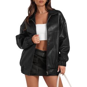 Yousify Womens Leather Jacket Oversized Faux Casual Zip Up Bomber Motorcycle Jackect Trendy Fall Winter Clothes S-XXL