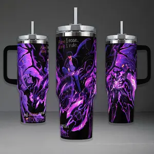 Sung Jin-woo Shadow Monarch Tumbler, Solo Leveling Arise 40oz Cup with Handle, Necromancer S-Rank Hunter 20oz Stainless Steel Travel Mug, Anime Fan Gift, Jinwoo Inspired Insulated Tumbler Featuring Epic Purple Shadow Design.