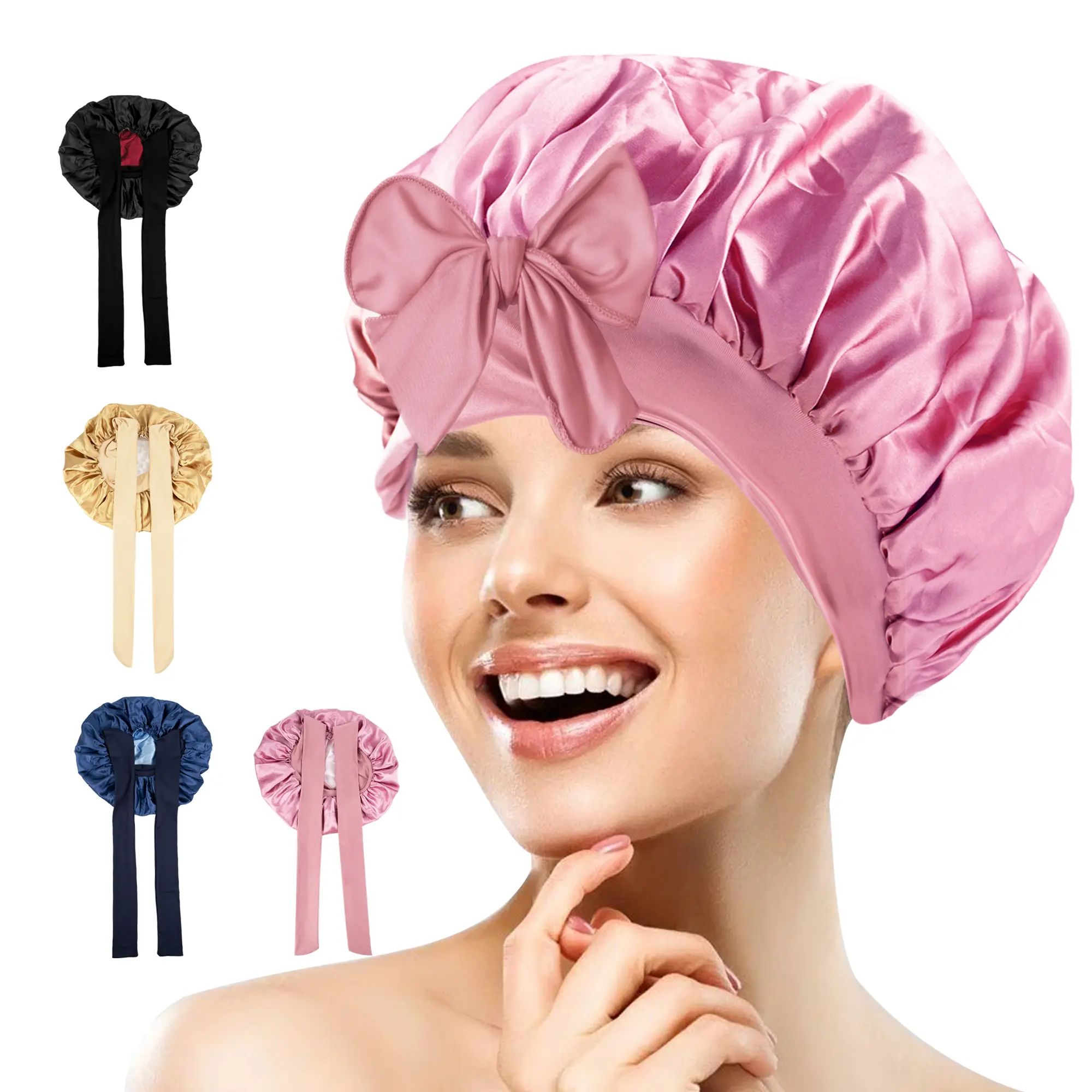 1 Count of Two-Color Ribbon Bath cap - Long Braided Design, Protect Hair While Bathing Shower Cap Restroom