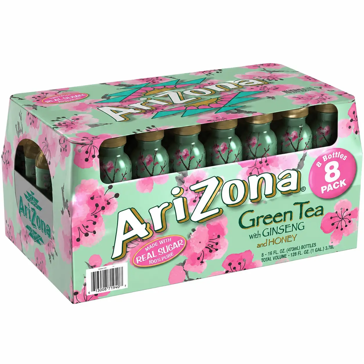 AriZona Green Tea with Ginseng and Honey, 16 fl. oz. Bottles, 8 Pack – Refreshing Brewed Green Tea Drink