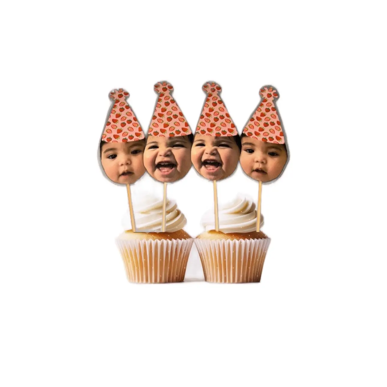 Custom Face Cupcake Toppers , Strawberry Birthday Hat