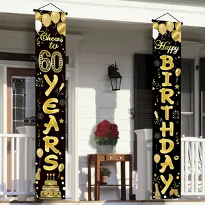 2D Door Flags, 1 Pair 60th Birthday Decor Door Banners | Black & Gold Happy 60th Birthday Backdrop Signs, Polyester Party Supplies, Indoor & Outdoor Porch Decor