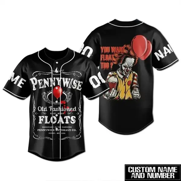 Pennywise You Want Float Too Personalized Baseball Jersey, Horror Movie Pennywise Baseball Jersey, Pennywise Jersey, Halloween Play Shirt, Horror Movie T-Shirt, Halloween Characters Jersey
