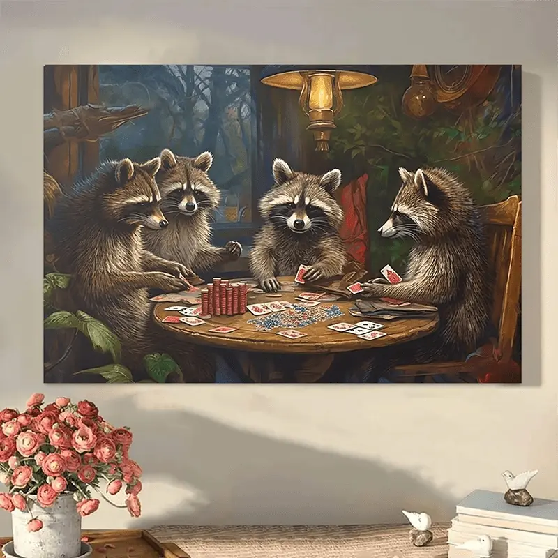 A Nostalgic Style Raccoon Poker Canvas Wall Art - Game Room and Bedroom Decoration, Family Theme Framed Print, English Hanging Painting, Perfect Holiday Gift - Hangable