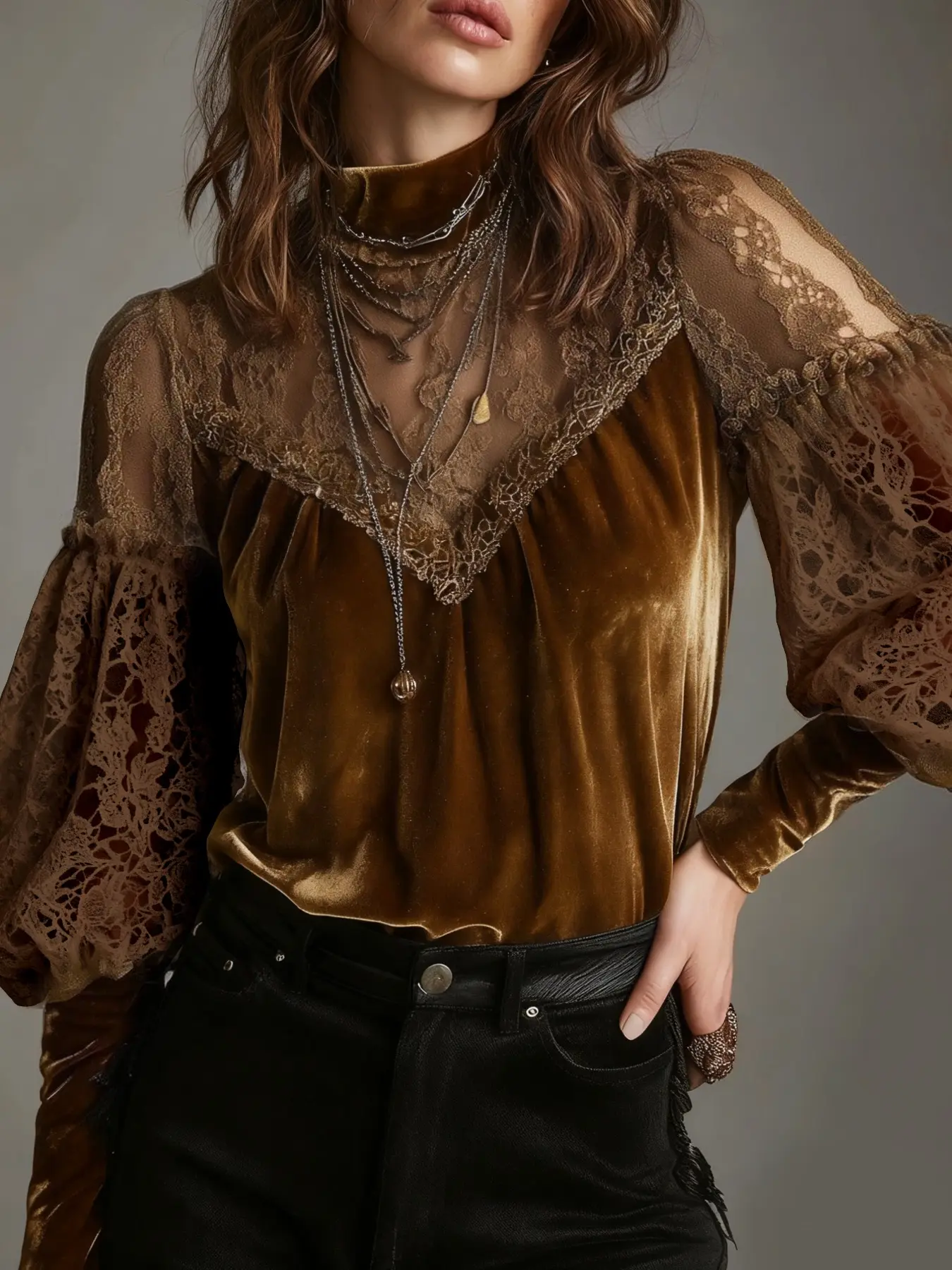 High-Quality Velvet Half High Neck Lace Patchwork Top, Elegant Lantern Sleeves, Fitted Design, Fall & Winter Fashion Blouse