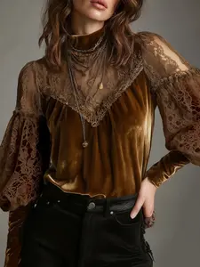 High-Quality Velvet Half High Neck Lace Patchwork Top, Elegant Lantern Sleeves, Fitted Design, Fall & Winter Fashion Blouse